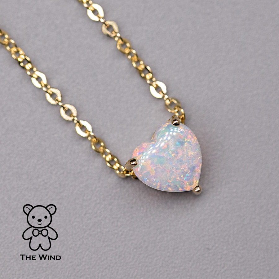 Minimalist Heart Shaped Australian Solid Opal Necklace 14k Yellow Gold Pendant
