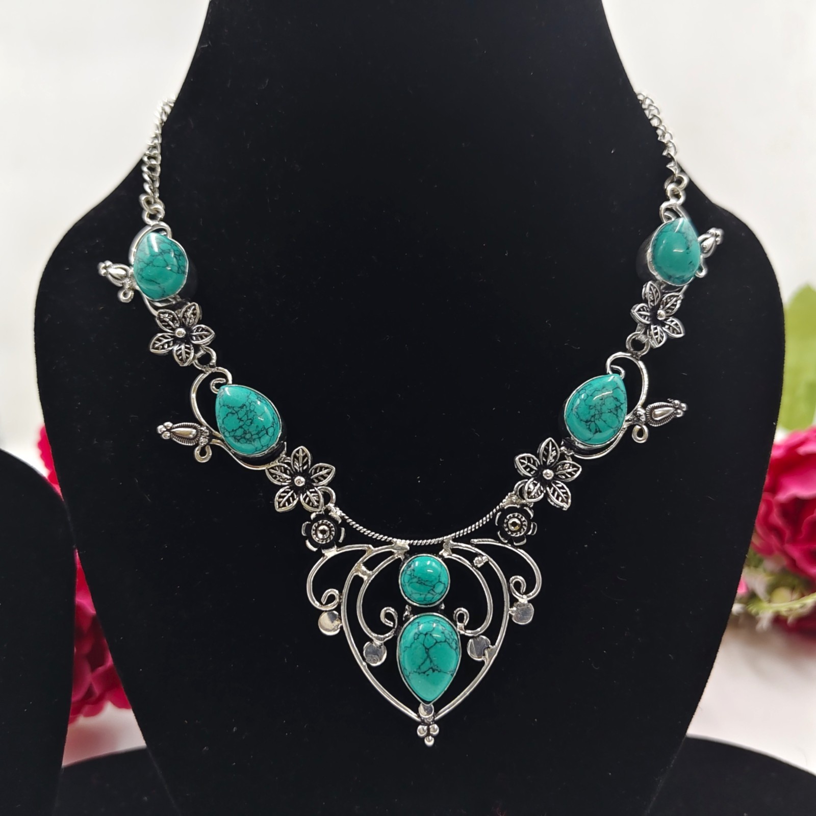 Blue Turquoise Gemstone Handmade 925 Sterling Silver Jewelry Necklace Sz-17-18″