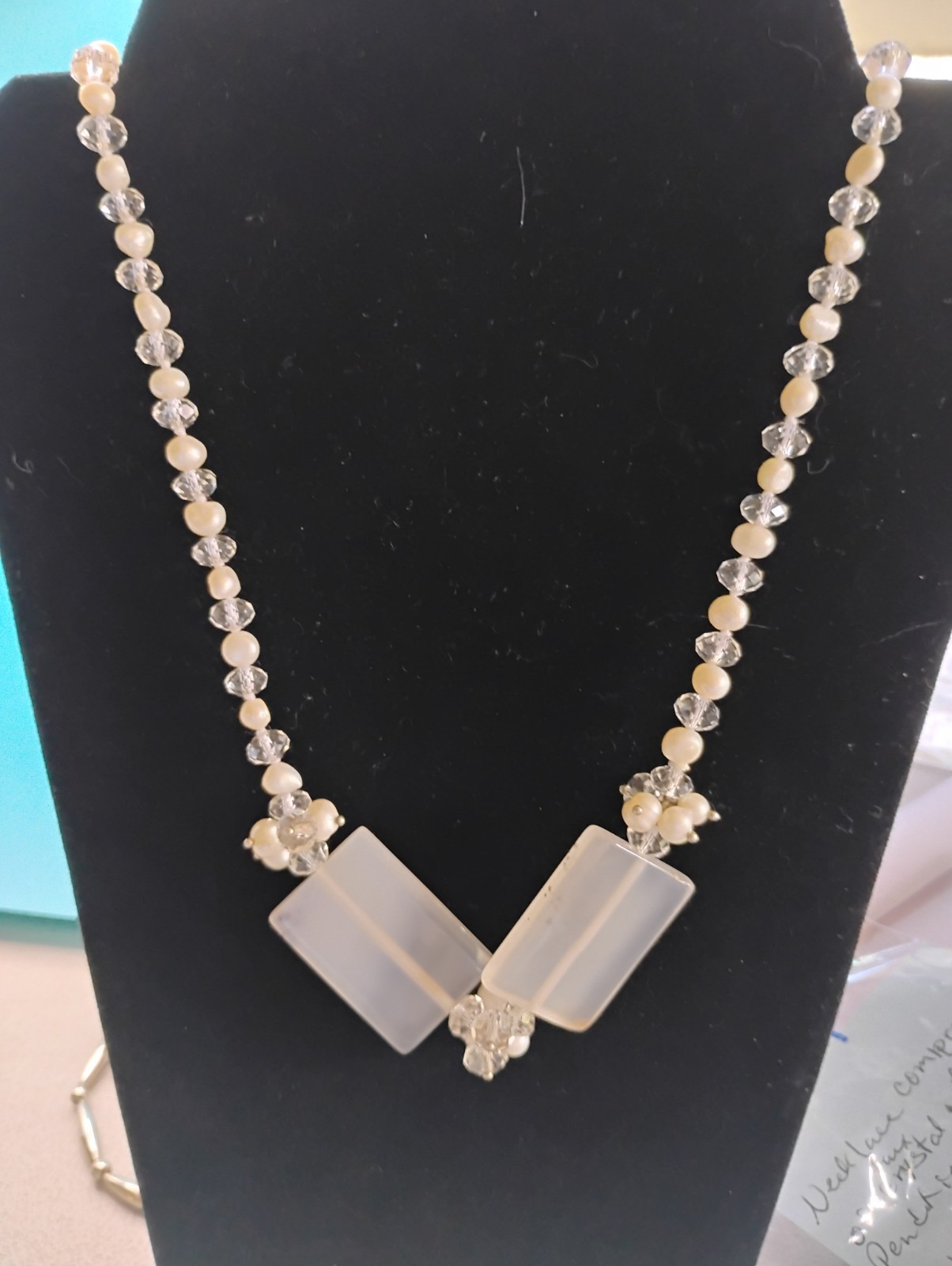 Genuine Pearl and Crystal Necklace with a Rectangular Quartz Pendant, 32in.