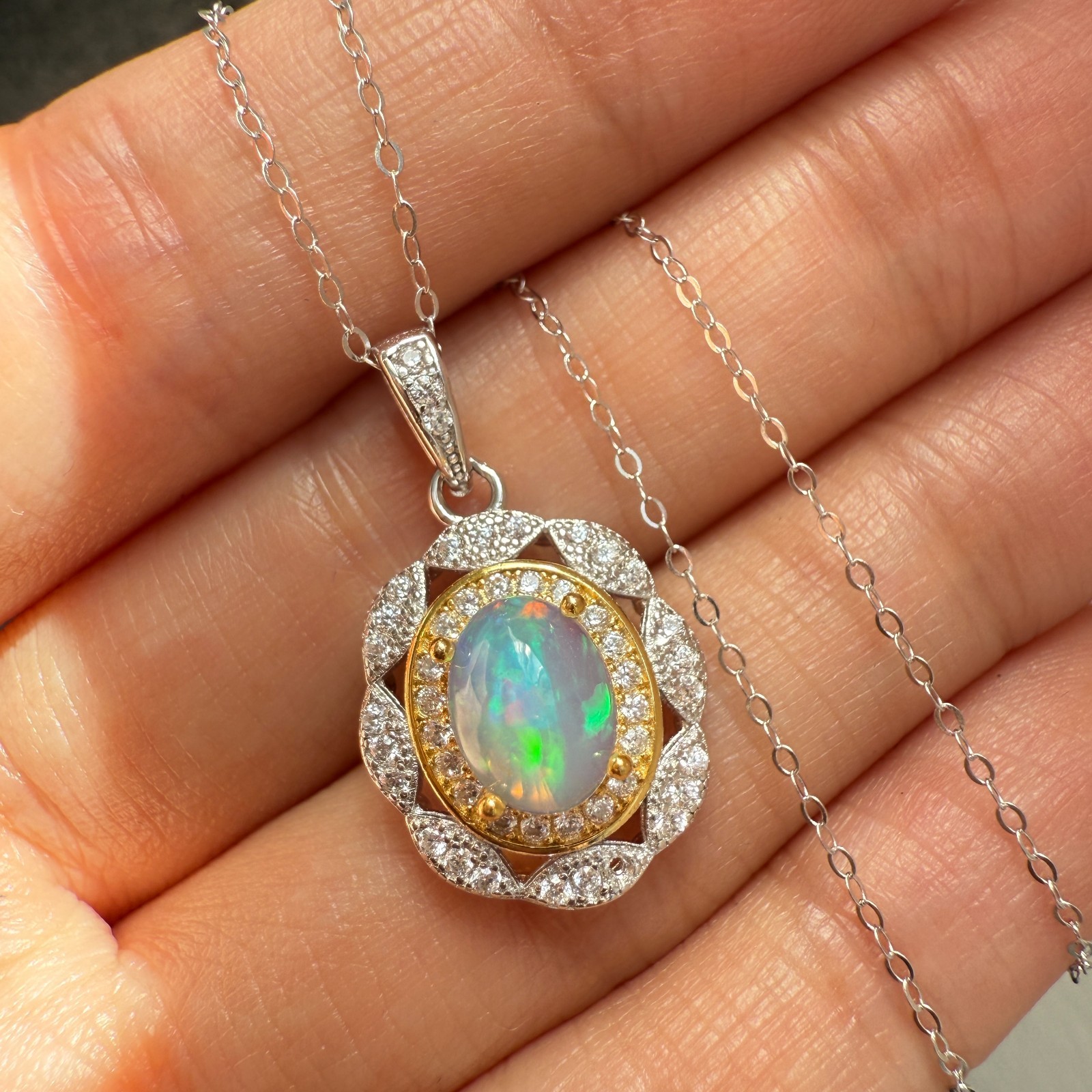 925 Sterling Silver Necklace 8x6mm Natural Opal 14K Gold Plated Flower Chain NEW