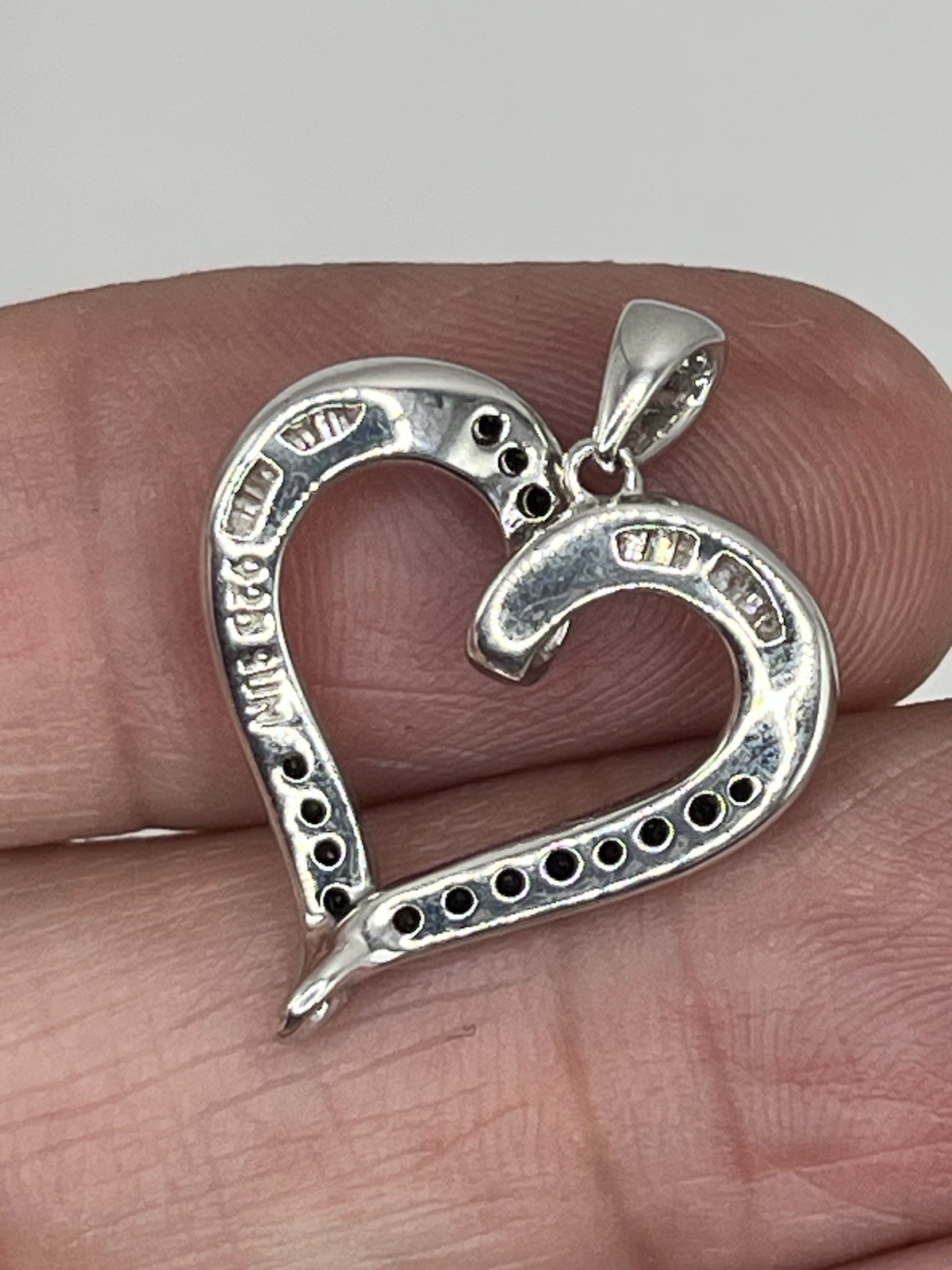 925 Sterling Silver Open Heart Charm Pendant, Channel-Set Baguette Diamonds