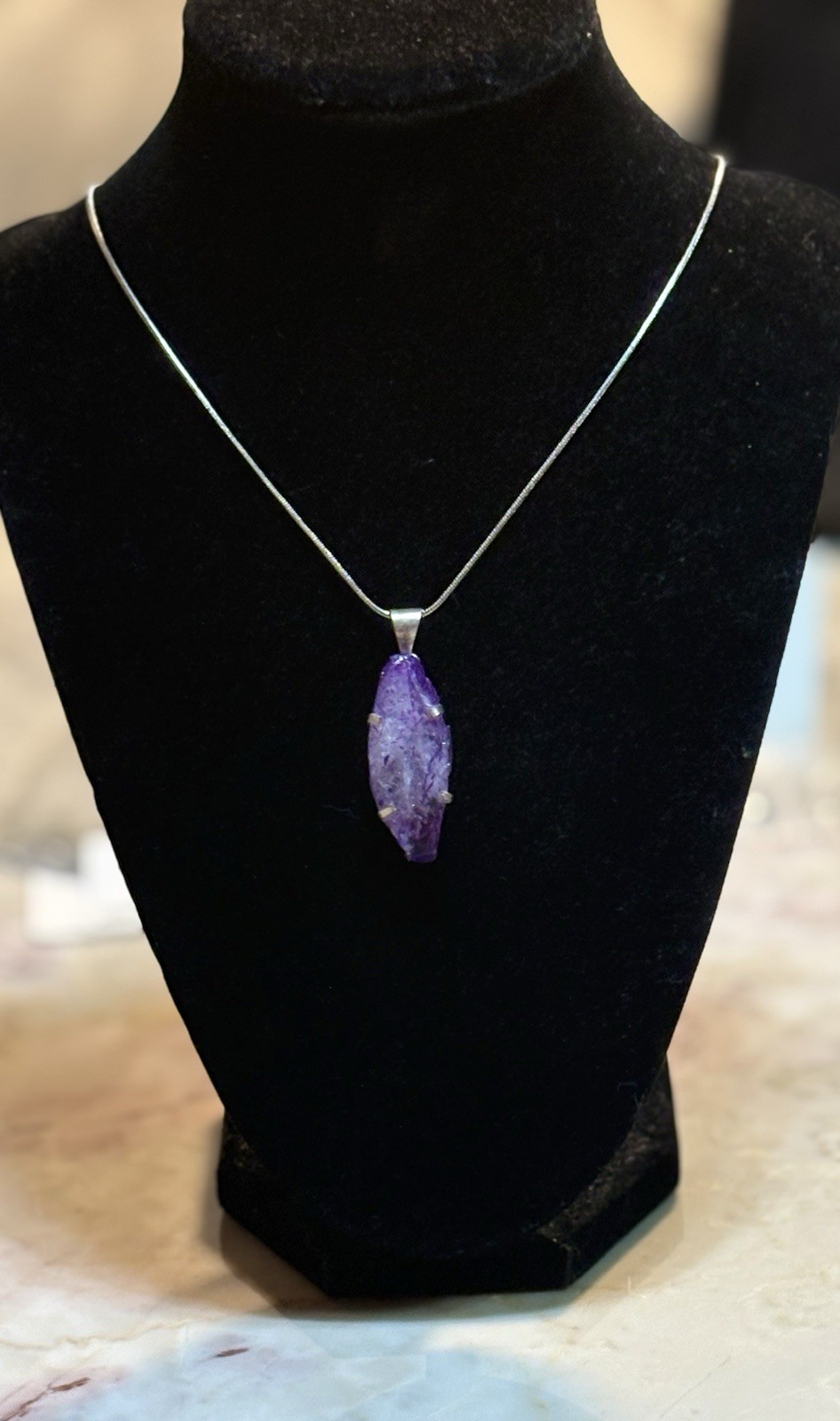 Sterling Silver 925 Necklace with Rough Purple Dyed Quartz Asymmetrical Pendant