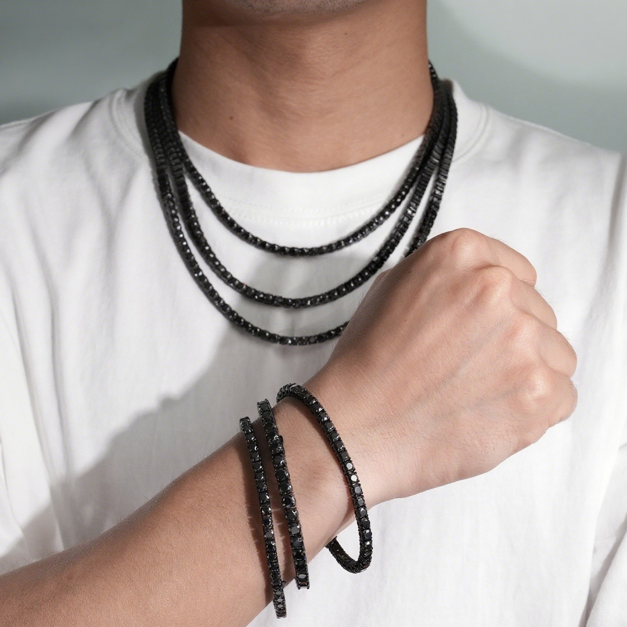 Charm 4-5mm Black Moissanite Tennis Chain 316L Stainless Steel Bracelet Necklace