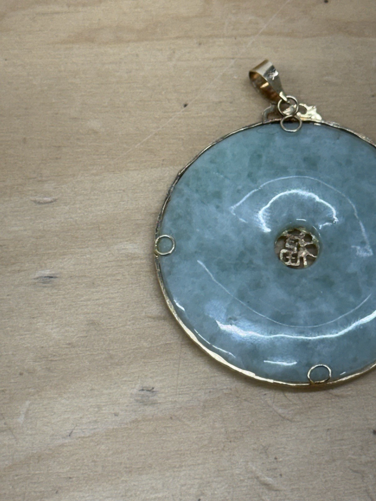 14k Yellow Gold Light Green JADE Disk 1-1/2″ Pendant