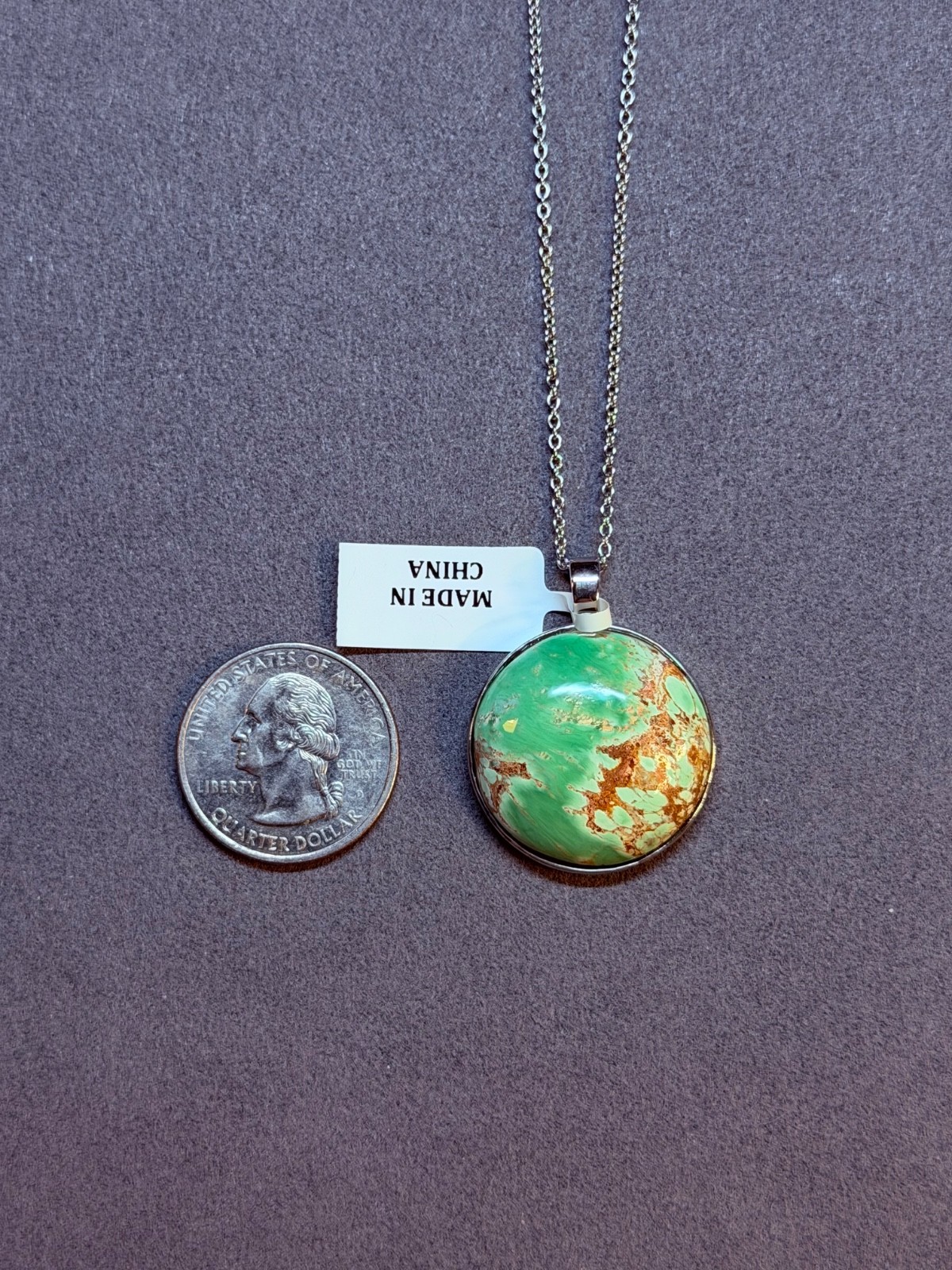 PINCTORE Sterling Silver 24mm Round Variscite Pendant w/ Cable Chain 18in – 21in