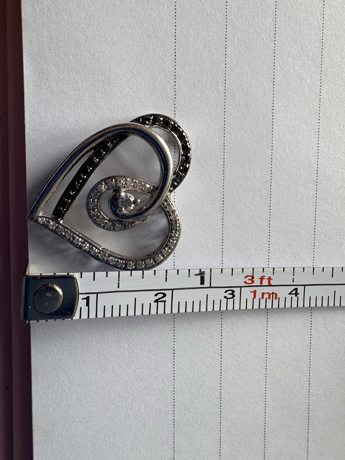 KSJ 925 Sterling Silver Black & White Diamond Open Heart Pendant Large 1.1”