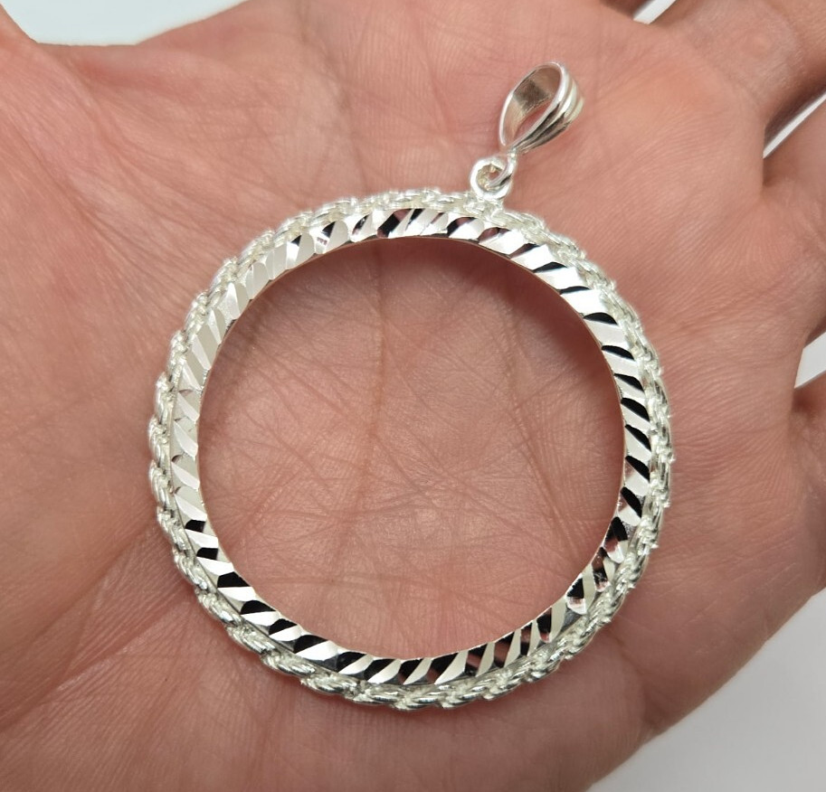 925 Sterling Silver Rope Edge Prong Back Bezel for 47mm 2 oz Pancho Villa Coin