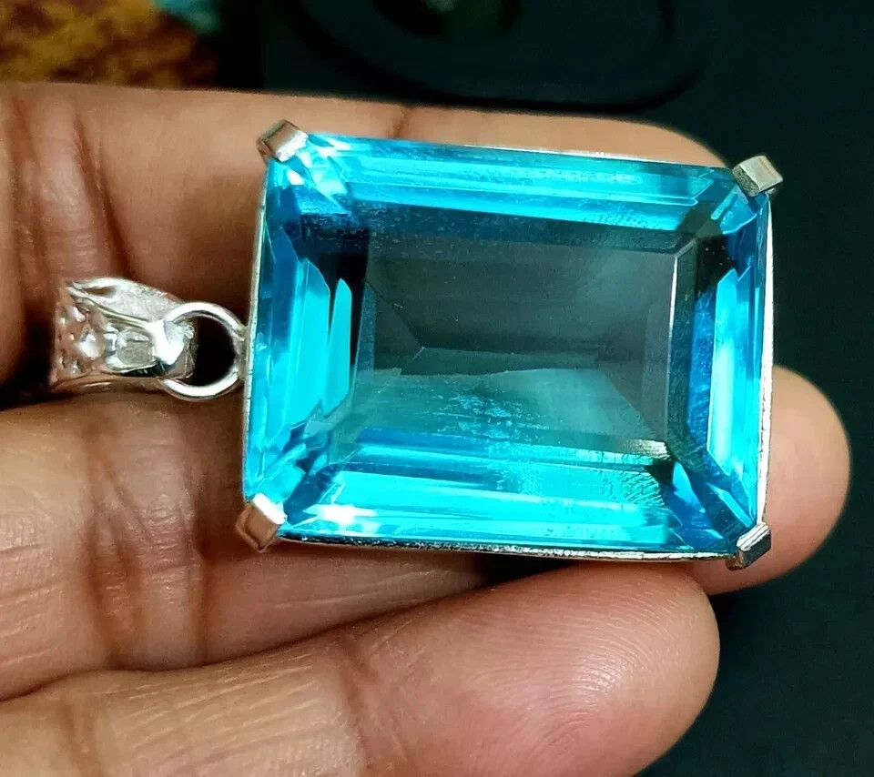 EGL Certified Natural 65 +Ct Blue Topaz Emerald Cut 925 Silver Pendant Loose Gem