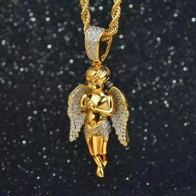 Praying Angel Charm Without Chain Pendant Round Diamond 14K Yellow Gold Finish