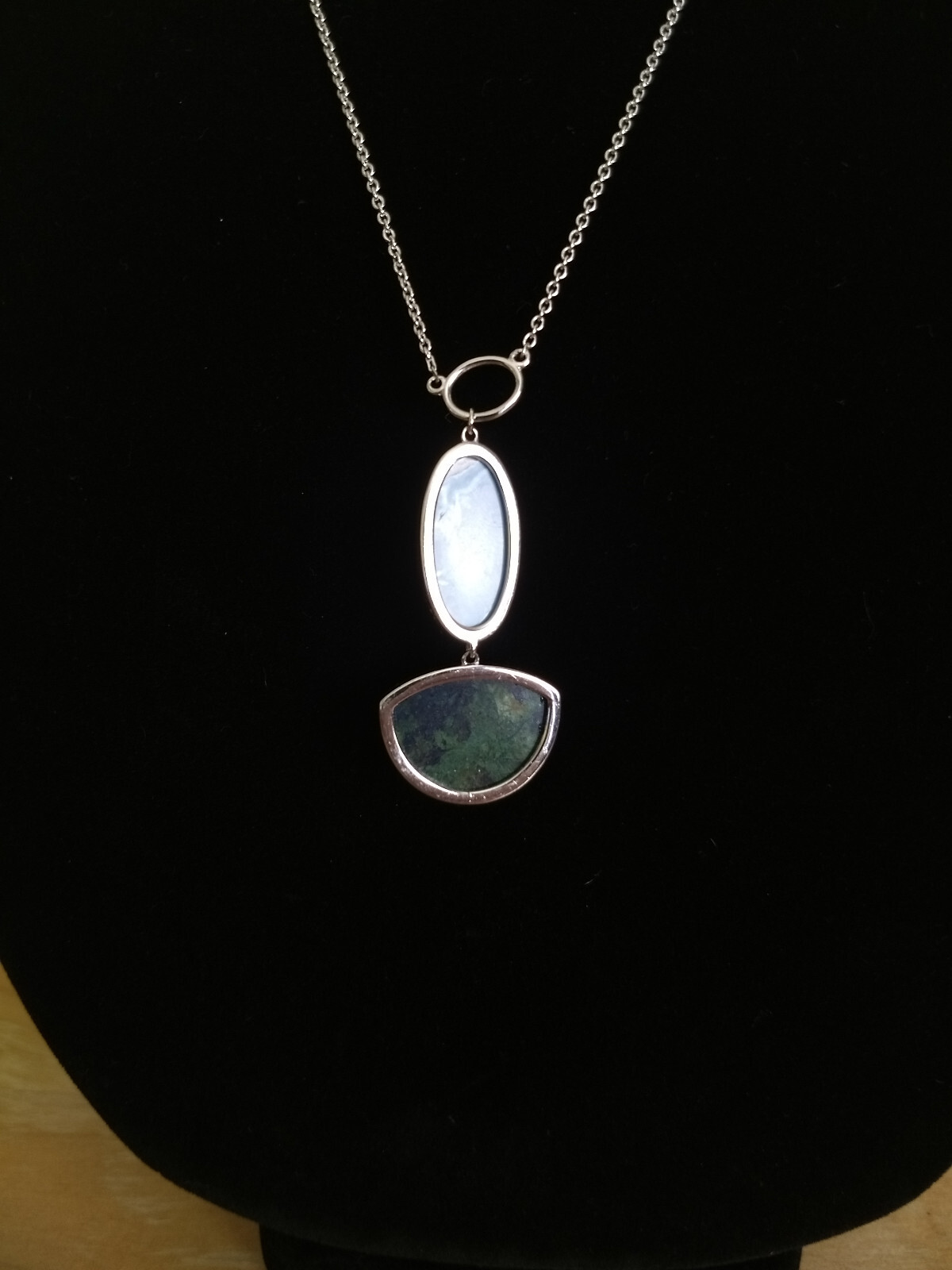 Silver 925 Necklace Double Opaque Stone Pendant Marked UTC 925 Boho Western
