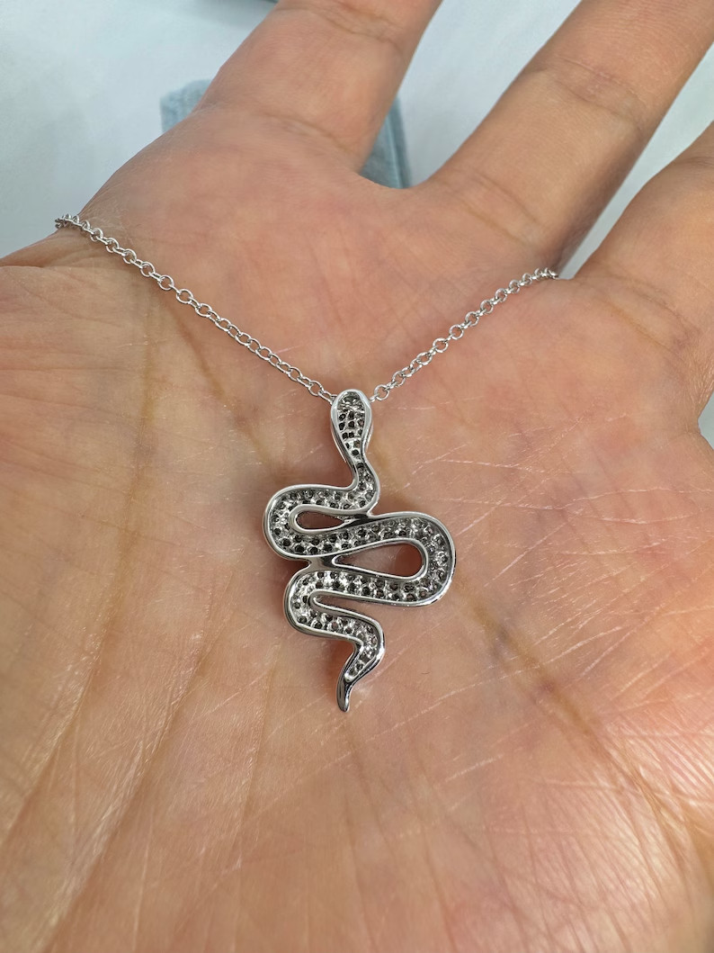 2Ct Round Cut Real Moissanite Snake Pendant 14K White Gold Plated Silver