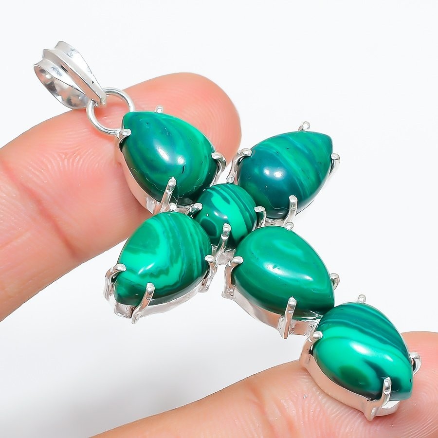 Green Malachite Gemstone Handmade 925 Sterling Silver Jewelry Pendant Size 2.50″