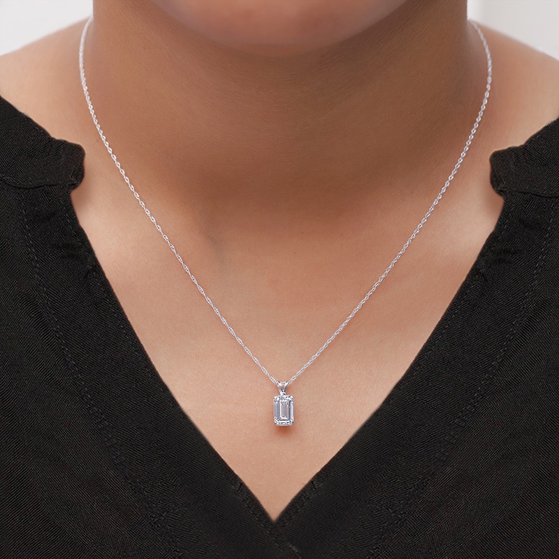3/4 Ct Emerald Lab Created Grown Diamond Pendant Necklace 14K White Gold G/VS2