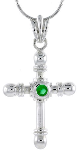 925 Sterling Silver Emerald CZ Round Edge Cross Pendant 1 1/2 Inch (38mm) Tall