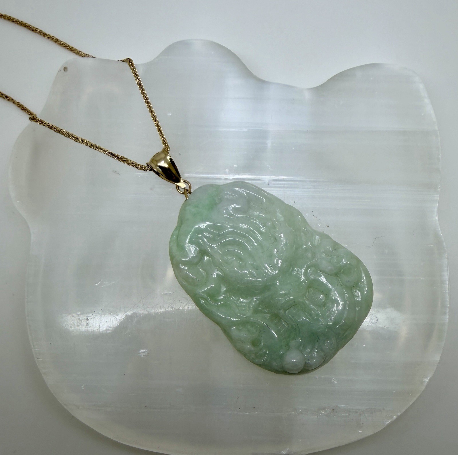 Real 10K Bail Top 100% Natural Green Jade Pendant Dragon Myanmar Jade FREE CHAIN
