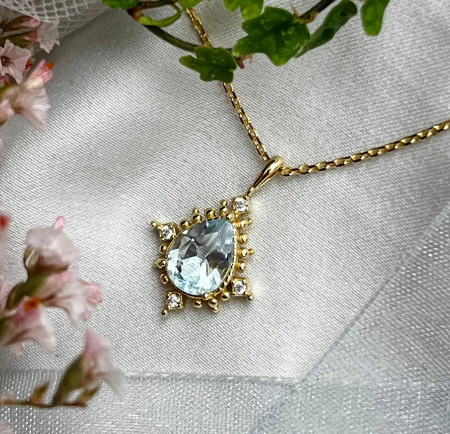 Gold Plated Teardrop Blue Aquamarine Necklace 925 Silver Aquamarine Pendant Gift