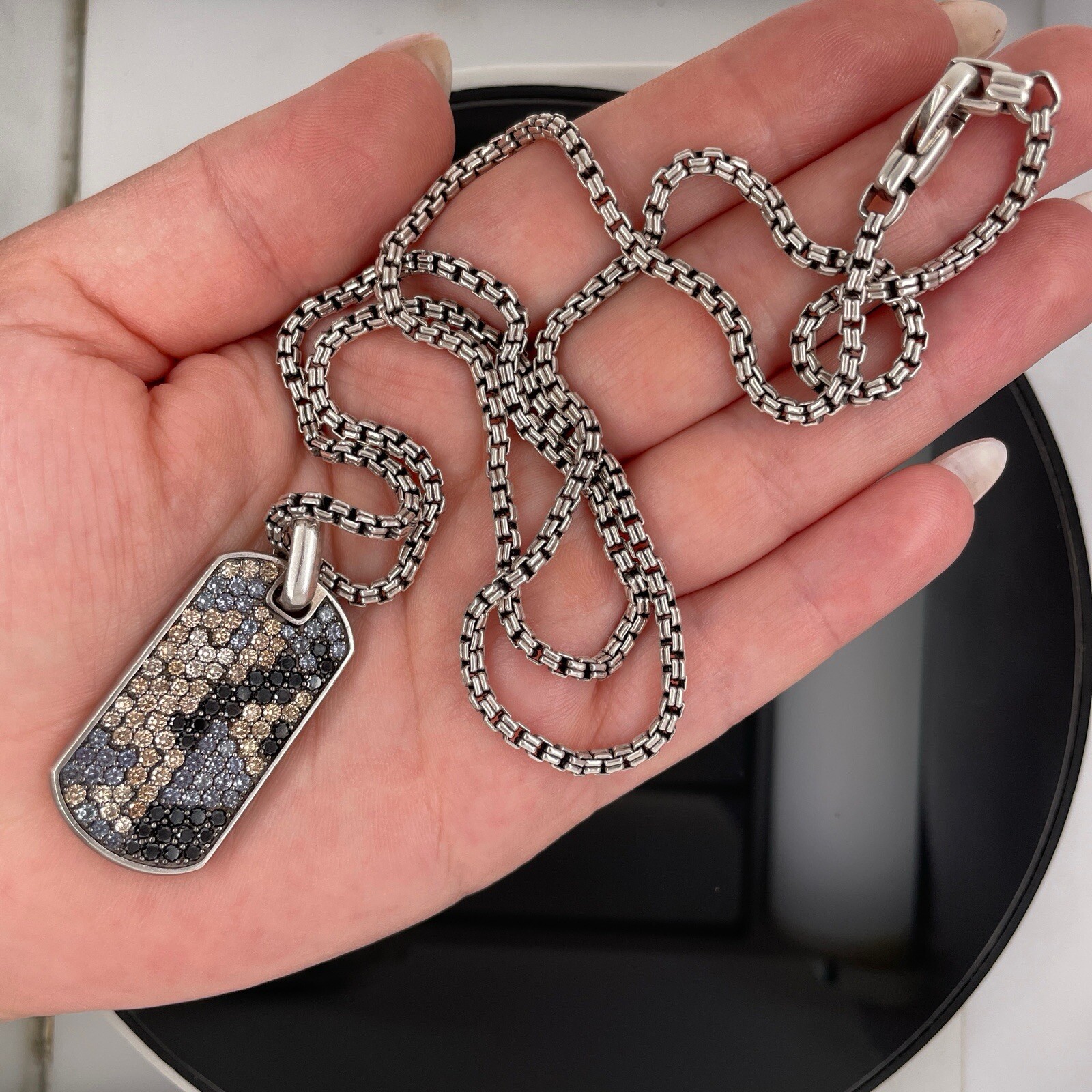 David Yurman Silver Diamonds & Garnets Chevron Tag Pendant Necklace $5000 Retail