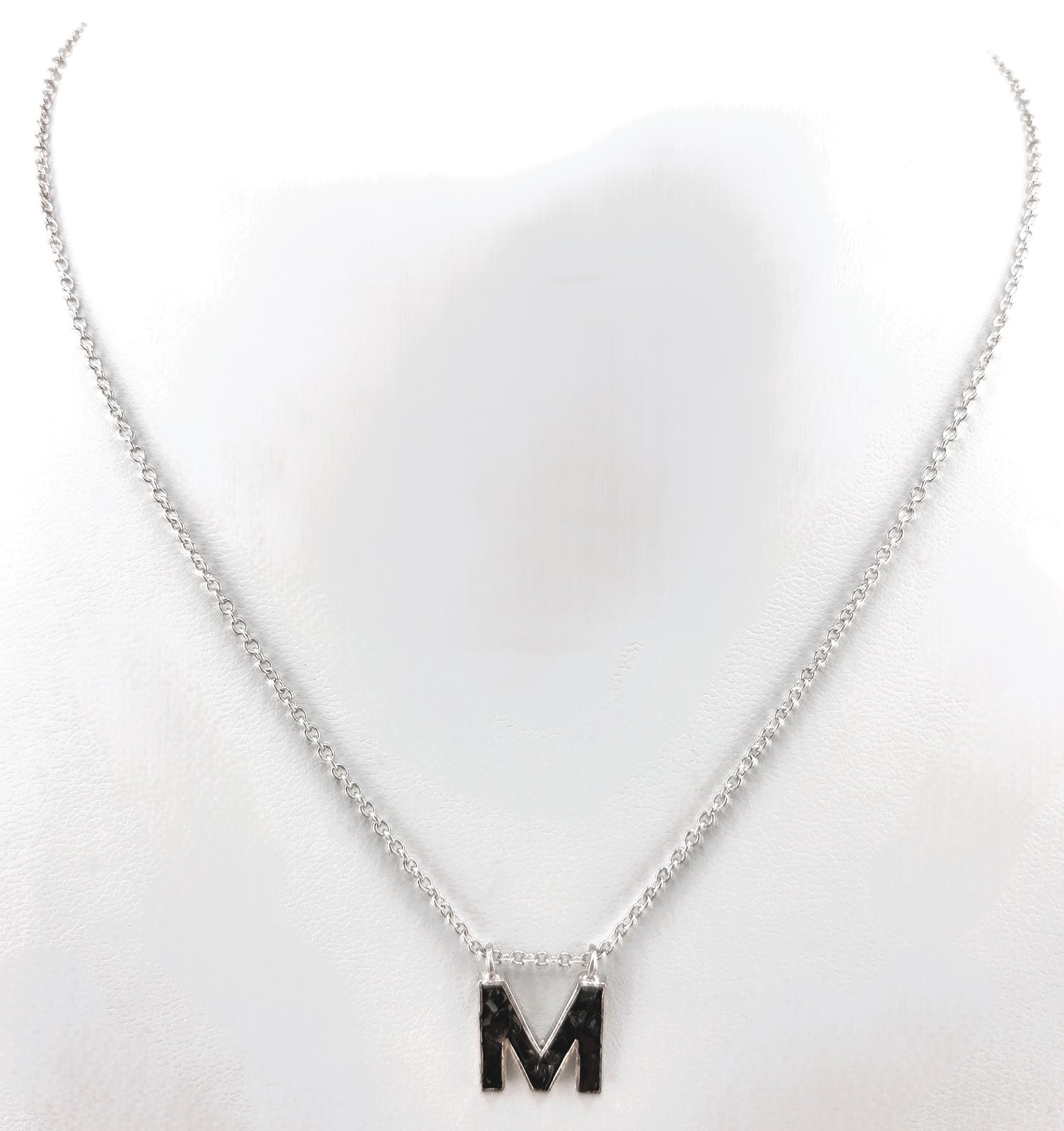 Joya “M” Initial Necklace Crushed Black Diamond 18″ Sterling Silver 1933