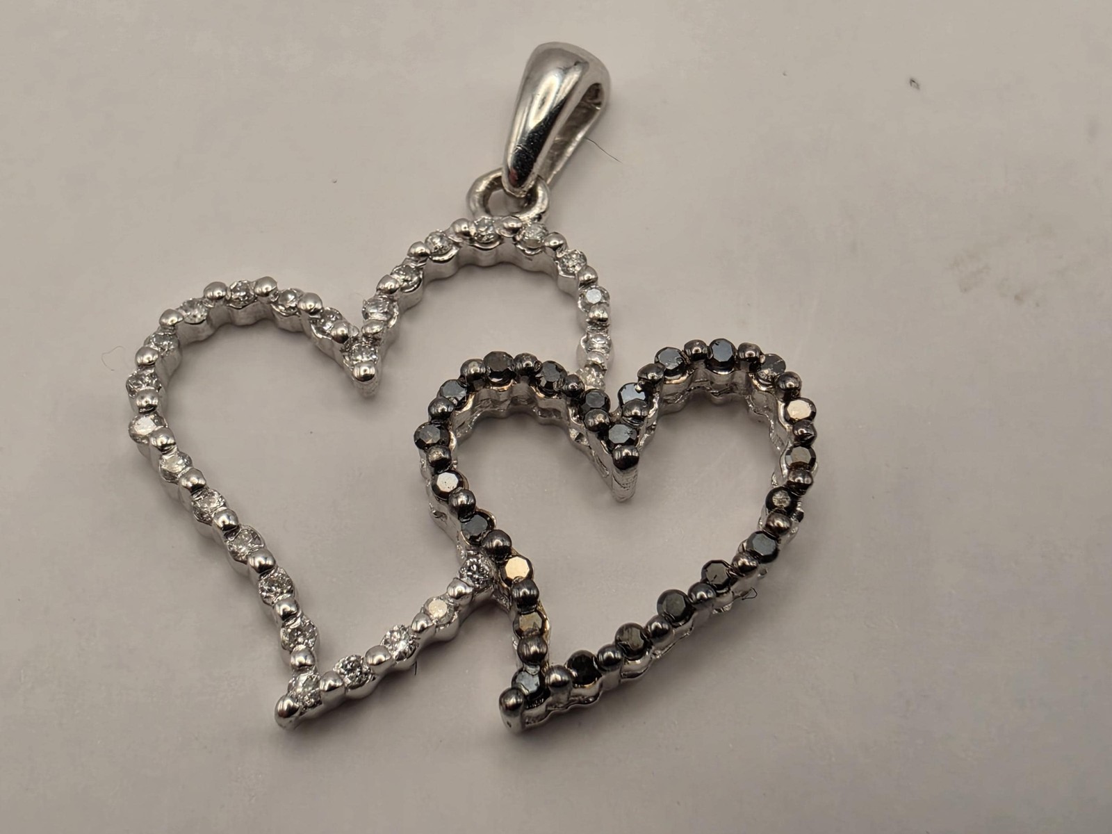 10k White Gold Double Heart Pendant Genuine White and Black Diamond Interlocking