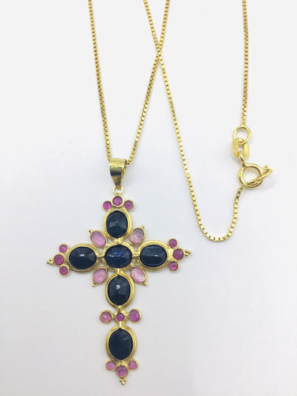 18k Yellow Gold Sapphire & Ruby Cross Pendant Necklace, Box Chain 18in + 1.75in