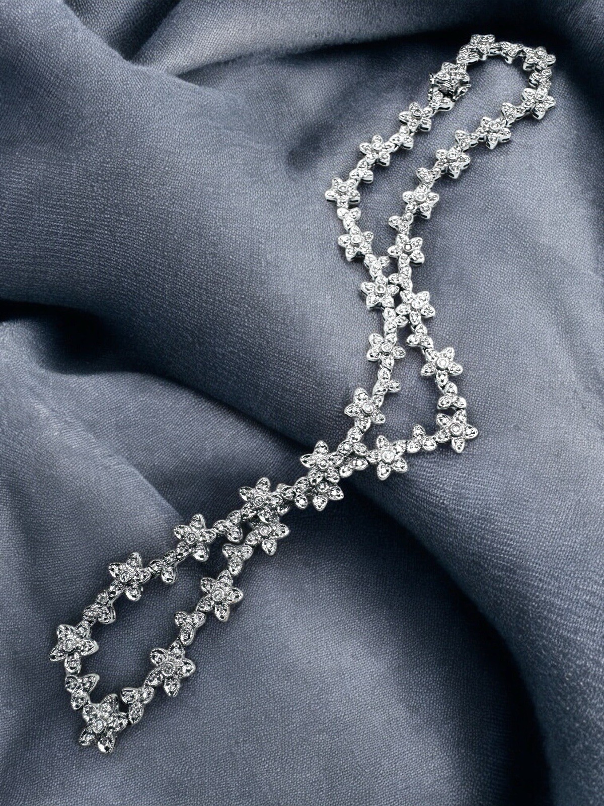 18k White Gold 1.28ctw Diamond Flower Riviere Necklace Deco Style 16″ 32g