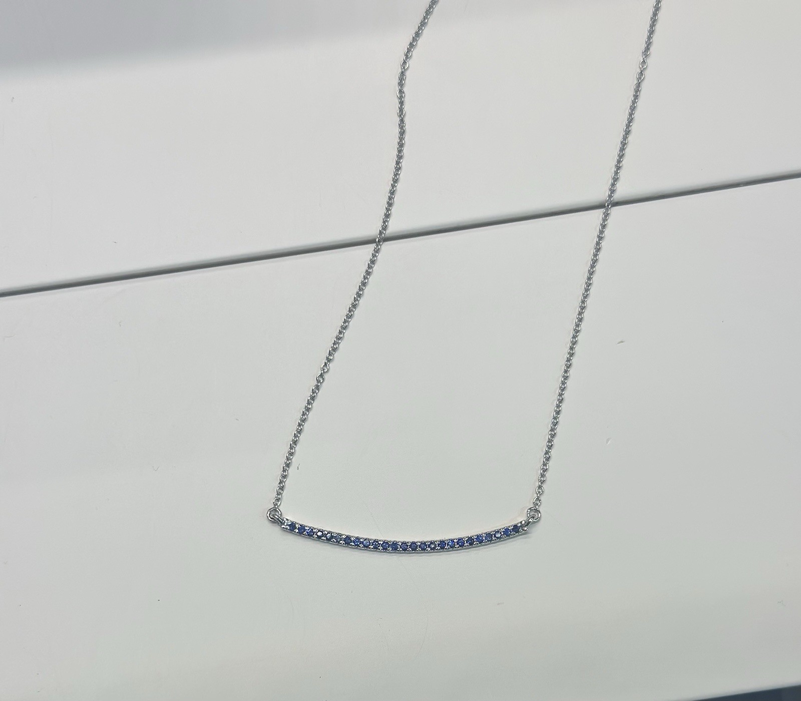 14K White Gold Blue Sapphire Curved Bar Pendant Necklace, Cable Chain,