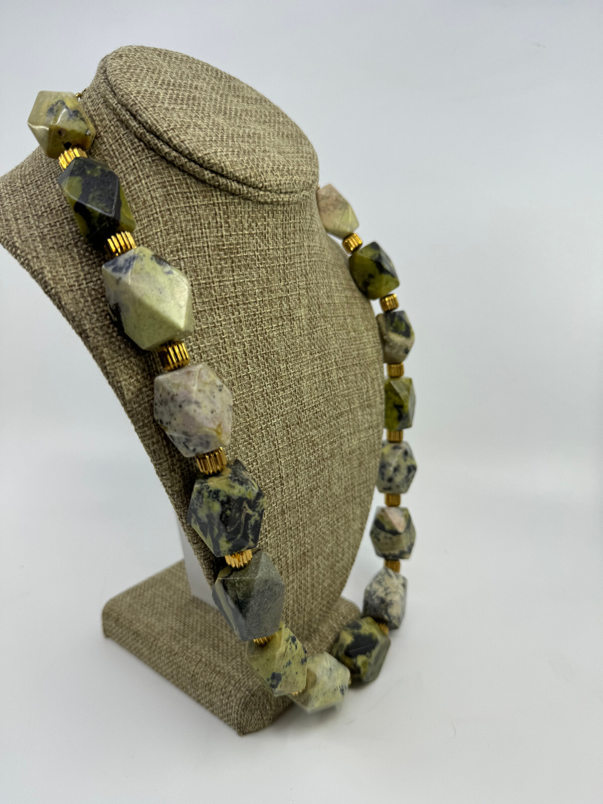 Statement 10 mm Hexagon Ocean Jasper and Gold Tone Bead Necklace 24 Inch