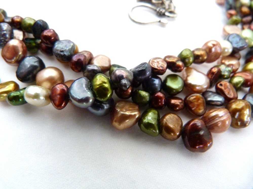 4-STRAND MULTI-COLOR FRESHWATER PEARLS STERLING SILVER BEAD NECKLACE 23.75″ LONG