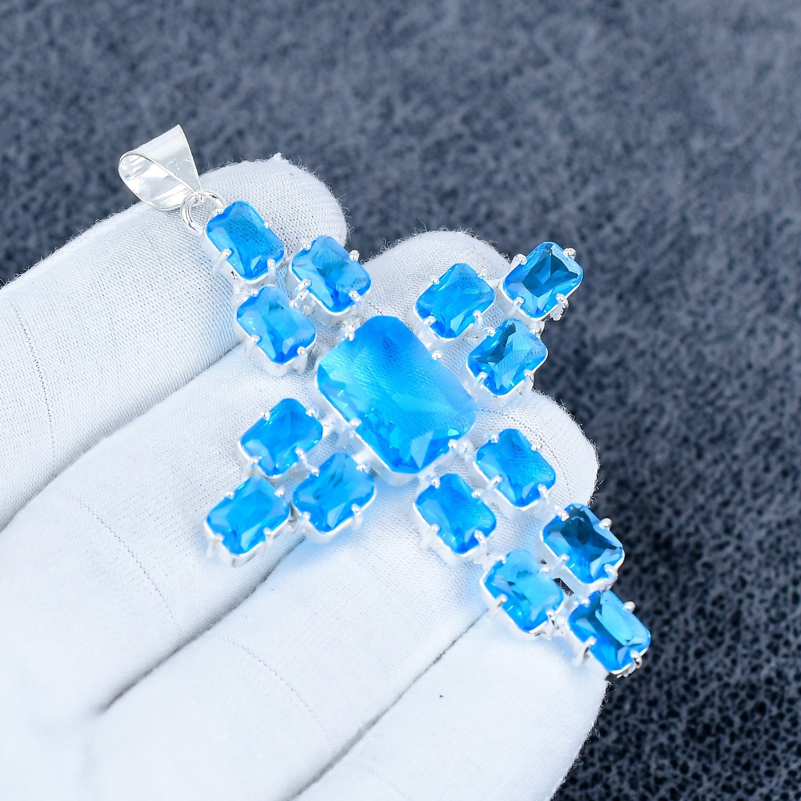 Blue Topaz Cross Gemstone Pendant, 925 Sterling Silver Handmade Pendant, Gift
