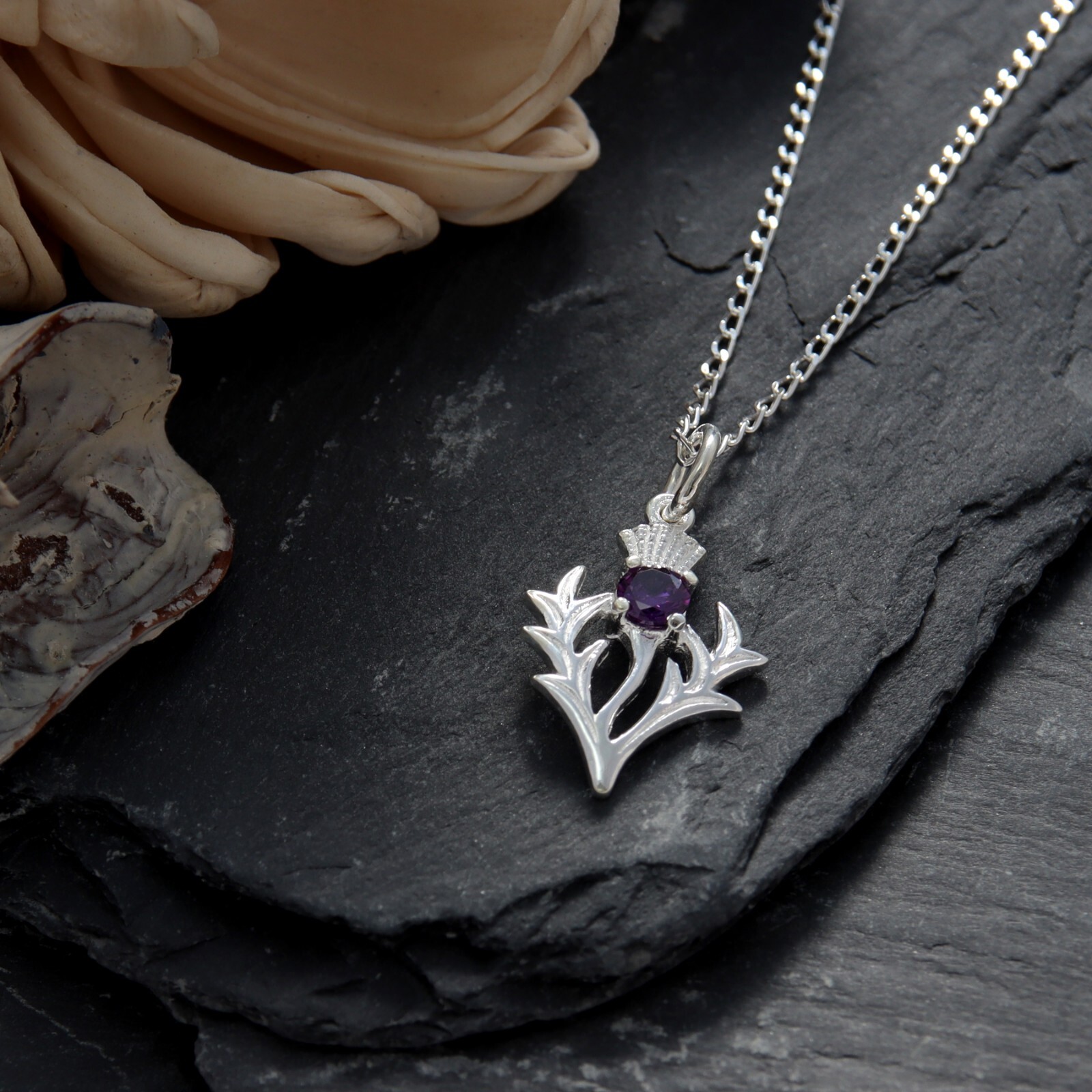 Sterling silver Scottish thistle purple amethyst stone jewellery set in gift box