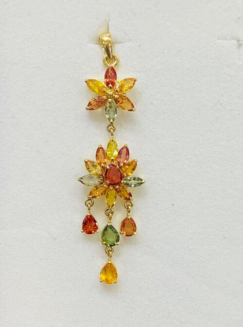 14k Solid Yellow Gold Cluster Dangle Pendant W/ Multi Color Sapphire 2.58Grams