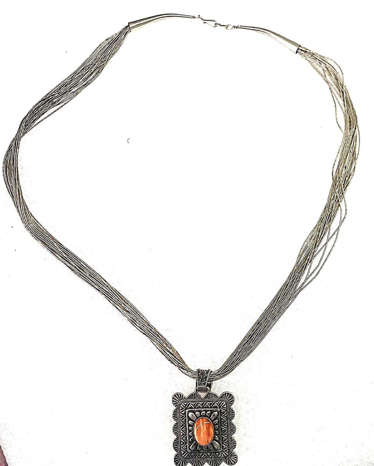 Multi-Strand Sterling Necklace & Tiger’s Eye Stone Pendant – 24″ – Hook Clasp