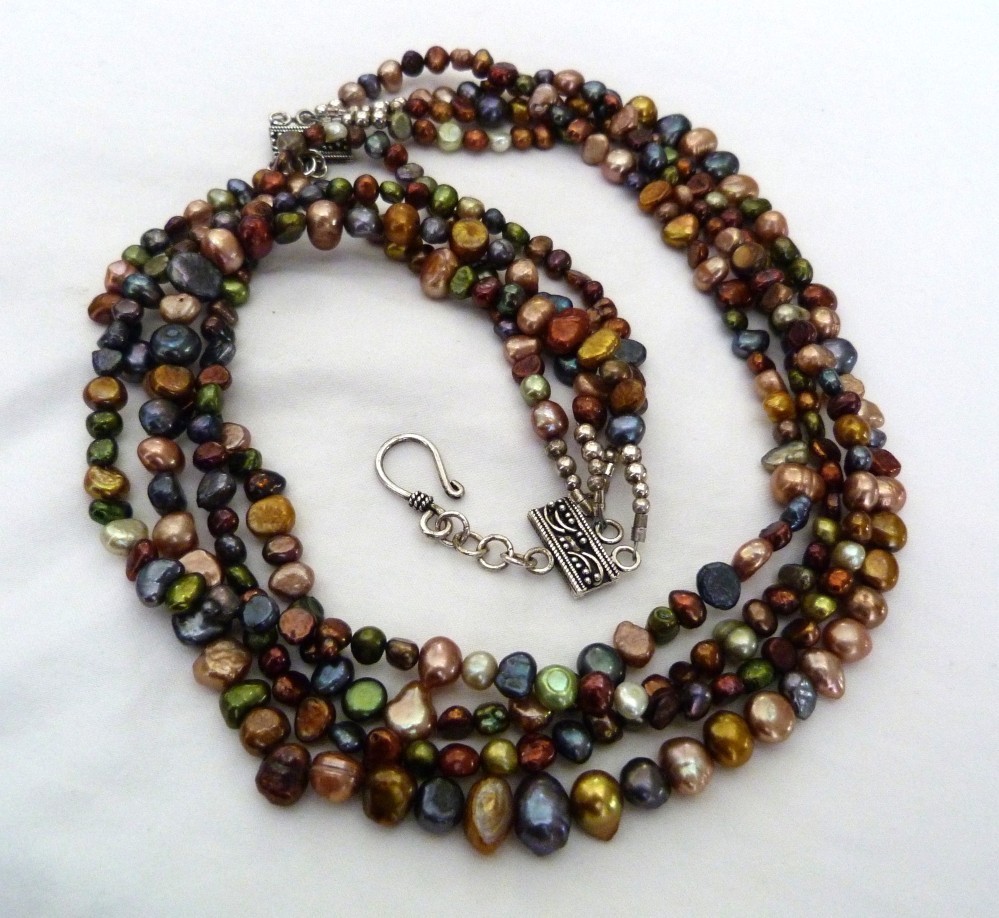 4-STRAND MULTI-COLOR FRESHWATER PEARLS STERLING SILVER BEAD NECKLACE 23.75″ LONG