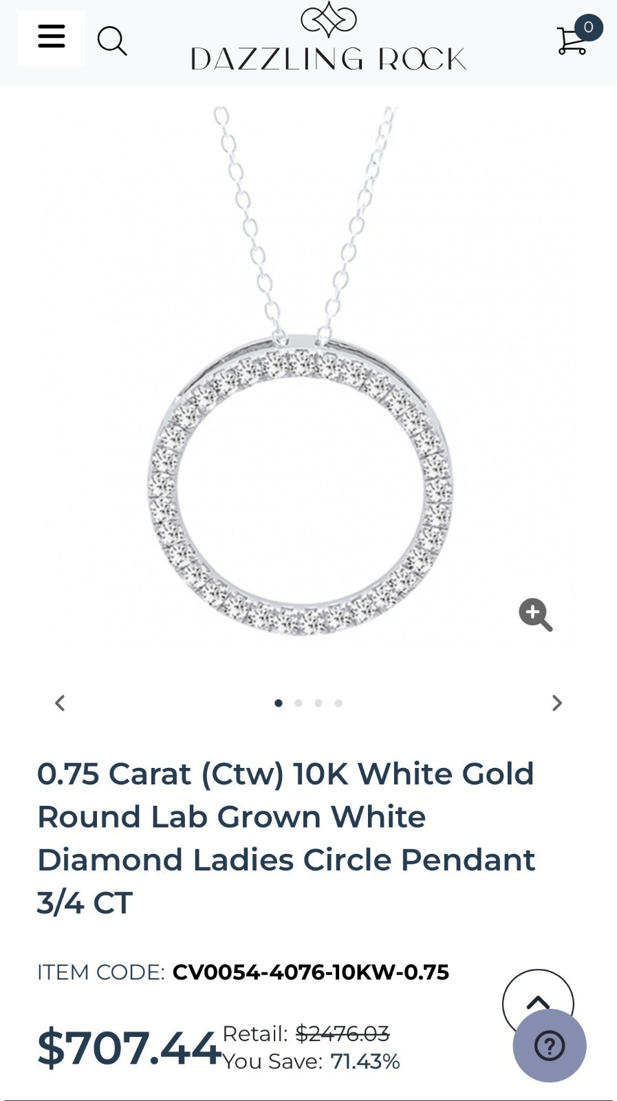 0.75 CTW LAB-GROWN DIAMOND CIRCLE PENDANT | 10K WHITE GOLD | NWOT