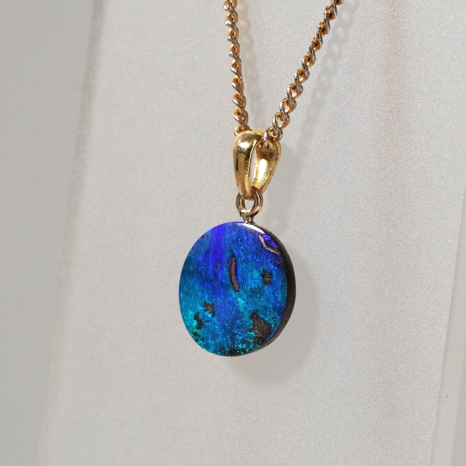 18ct Gold Natural Australian Boulder Opal Button Pendant Porthole Blue Green