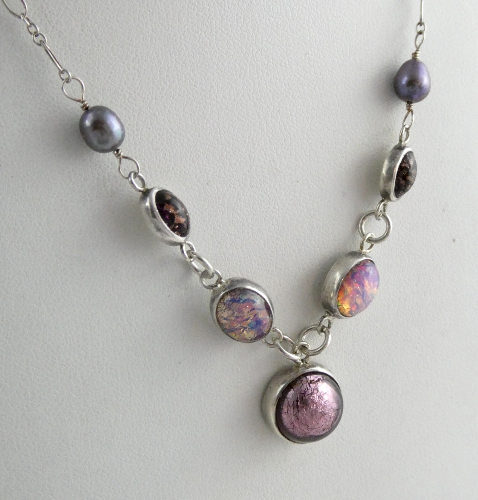 Artisan Made Sterling Silver Foiled Glass Cabochon Pendant Necklace 16.5 In 925