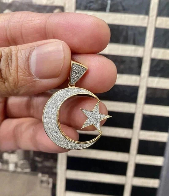 2 Ct Lab Created Diamond Crescent Moon Star Pendant 14K Yellow Gold Plated