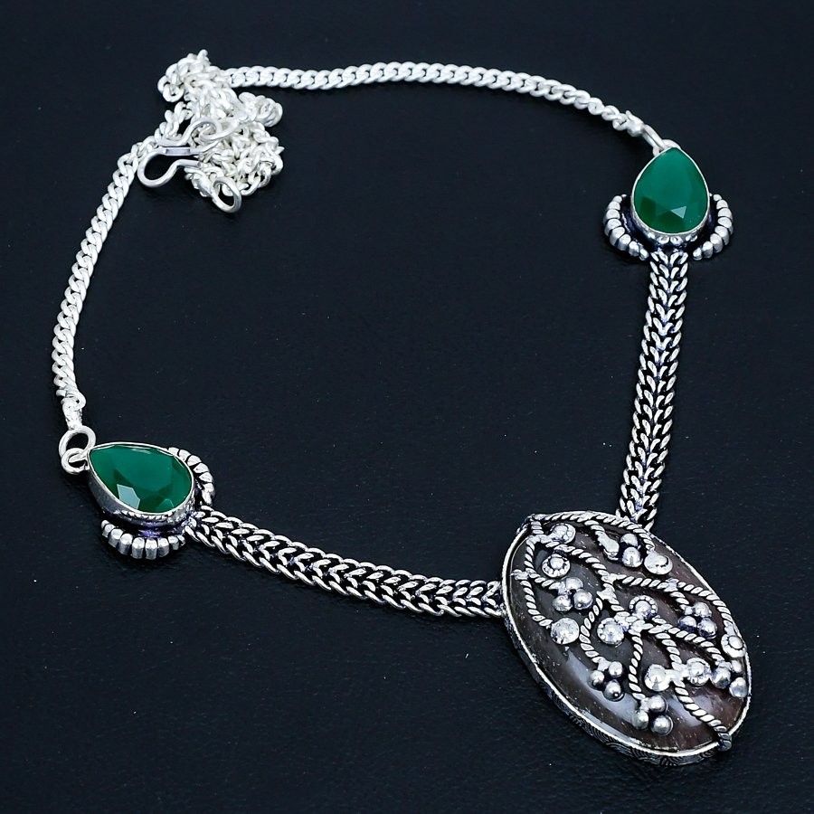 Gabbro Stone, Green Onyx Handmade 925 Sterling Silver Jewelry Necklace 18″ n240