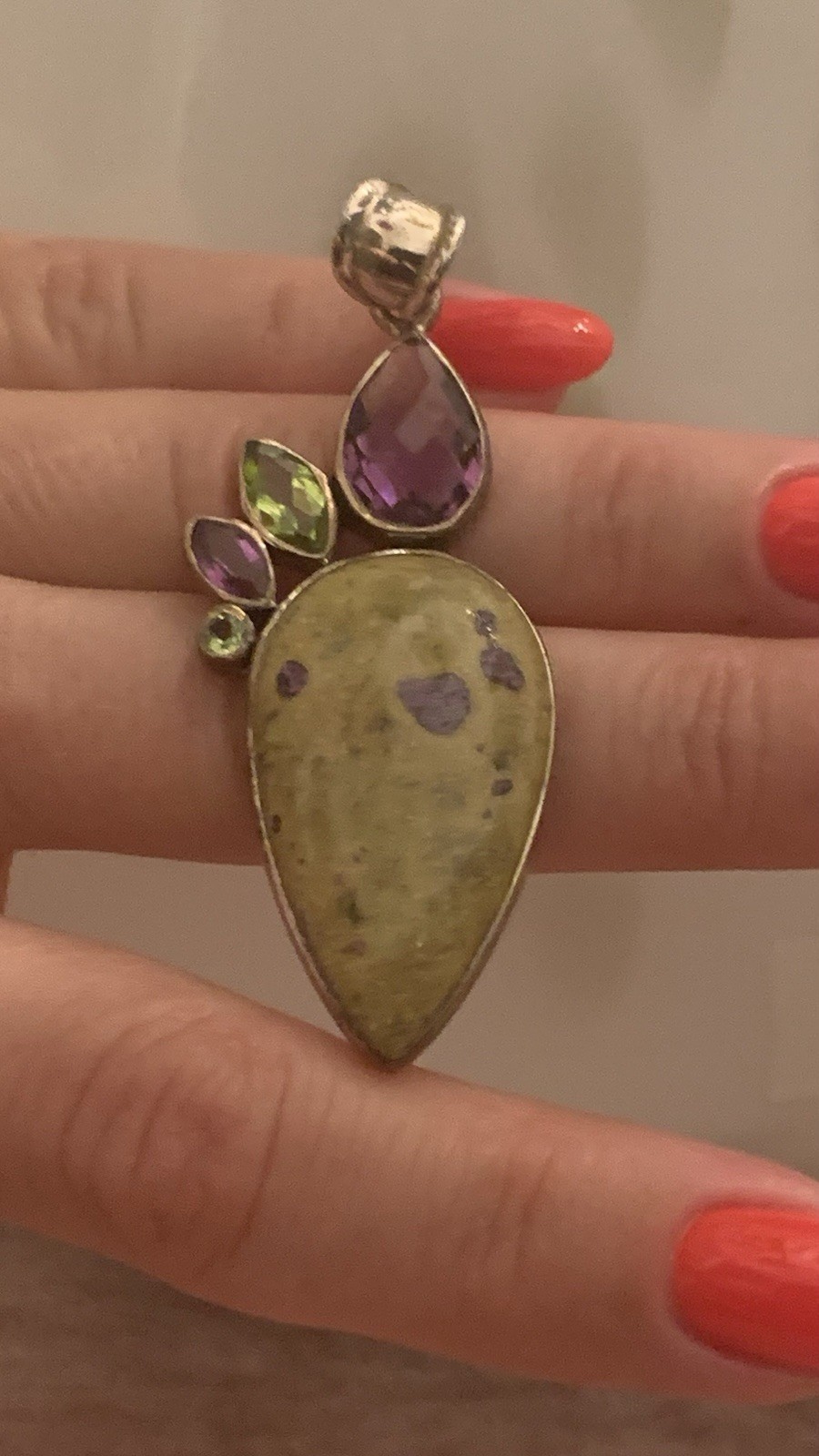 Gemstone Pendent 925 Silver Amethyst Peridot Atlantisite
