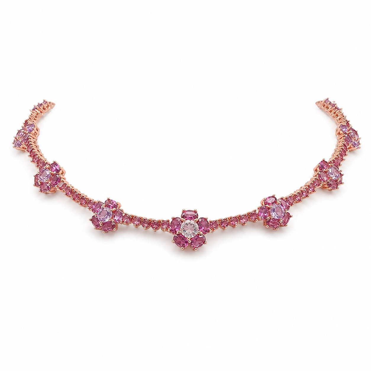 925 Sterling Silver 6 mm. Pink Amethyst Rhodolite Necklace 16.5 In.