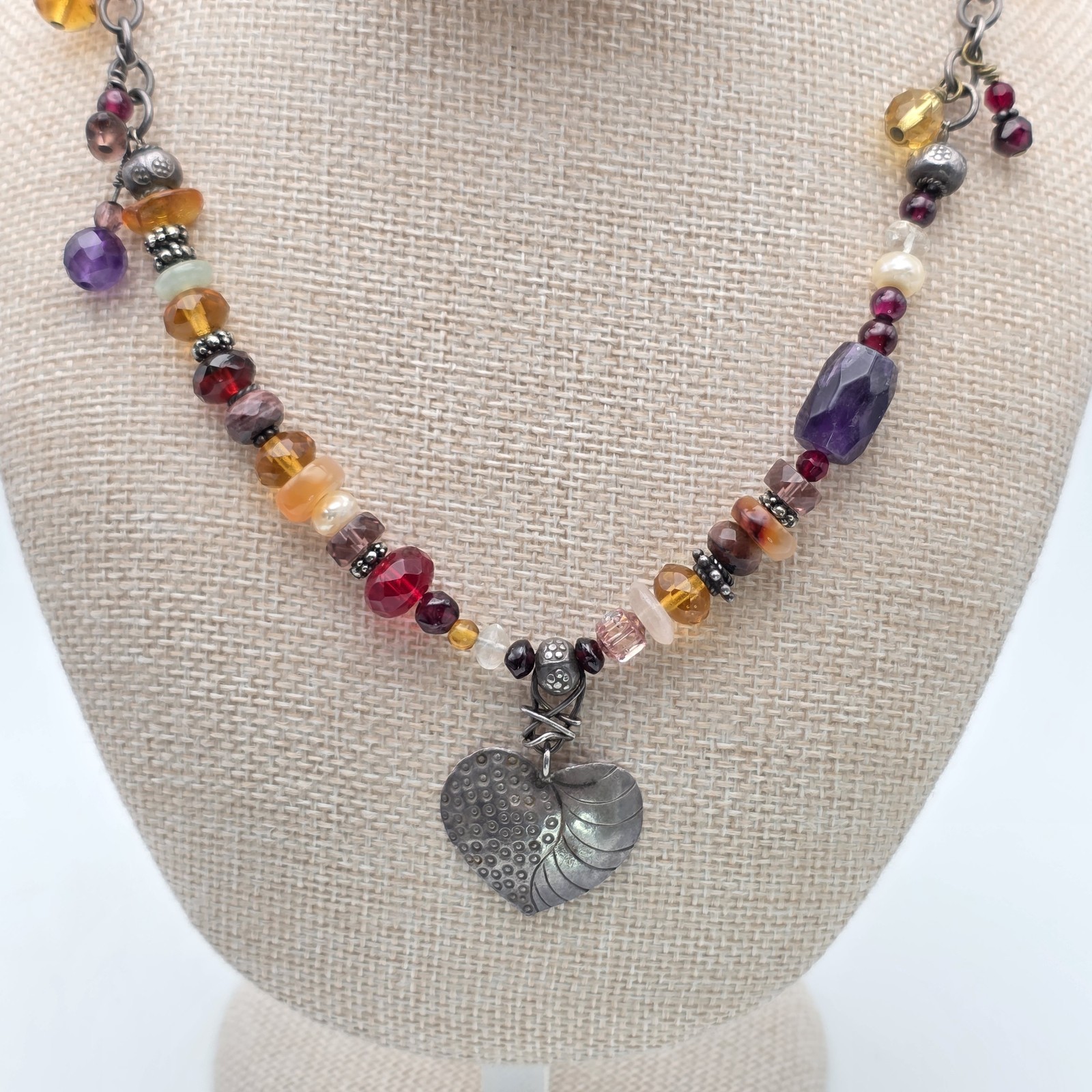 Multi-Color Gemstone Necklace Garnet Amethyst Citrine Pearl 925 Sterling Silver