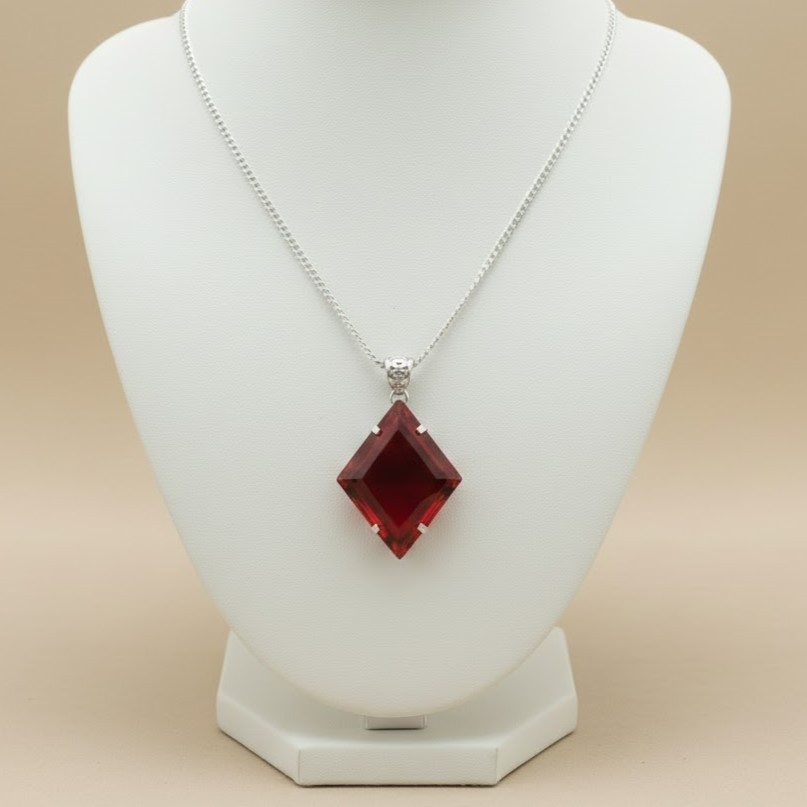 Elegant Kite Cut Red Ruby Pendant 80-90Ct – Sterling Silver Gemstone Necklace