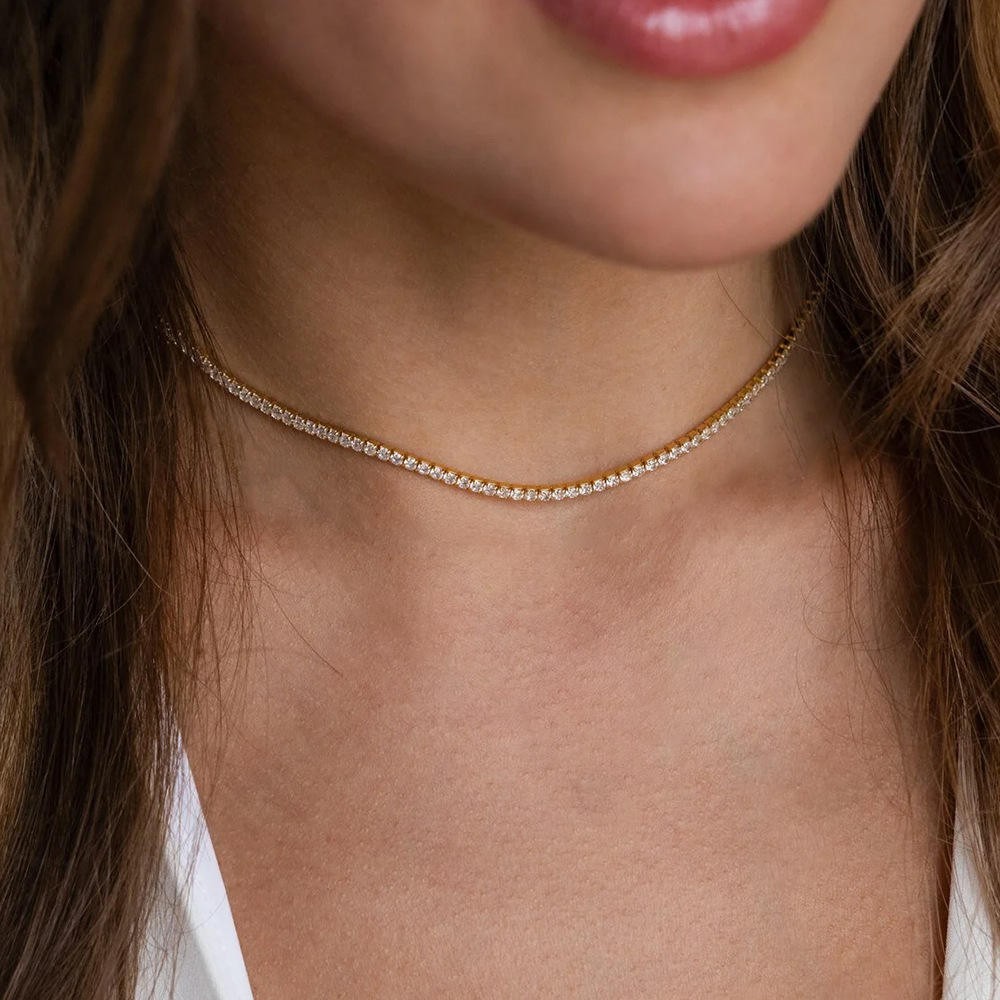 12Ct 4MM Real Moissanite Tennis Necklace 925 Silver 14K Gold Finish VVS1