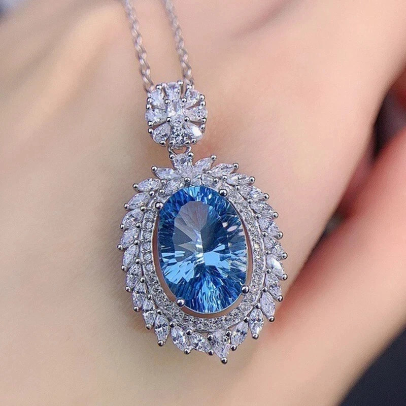 6.50Ct Oval Cut Natural Blue Topaz Diamond Real 14K White Gold Luxurious Pendent