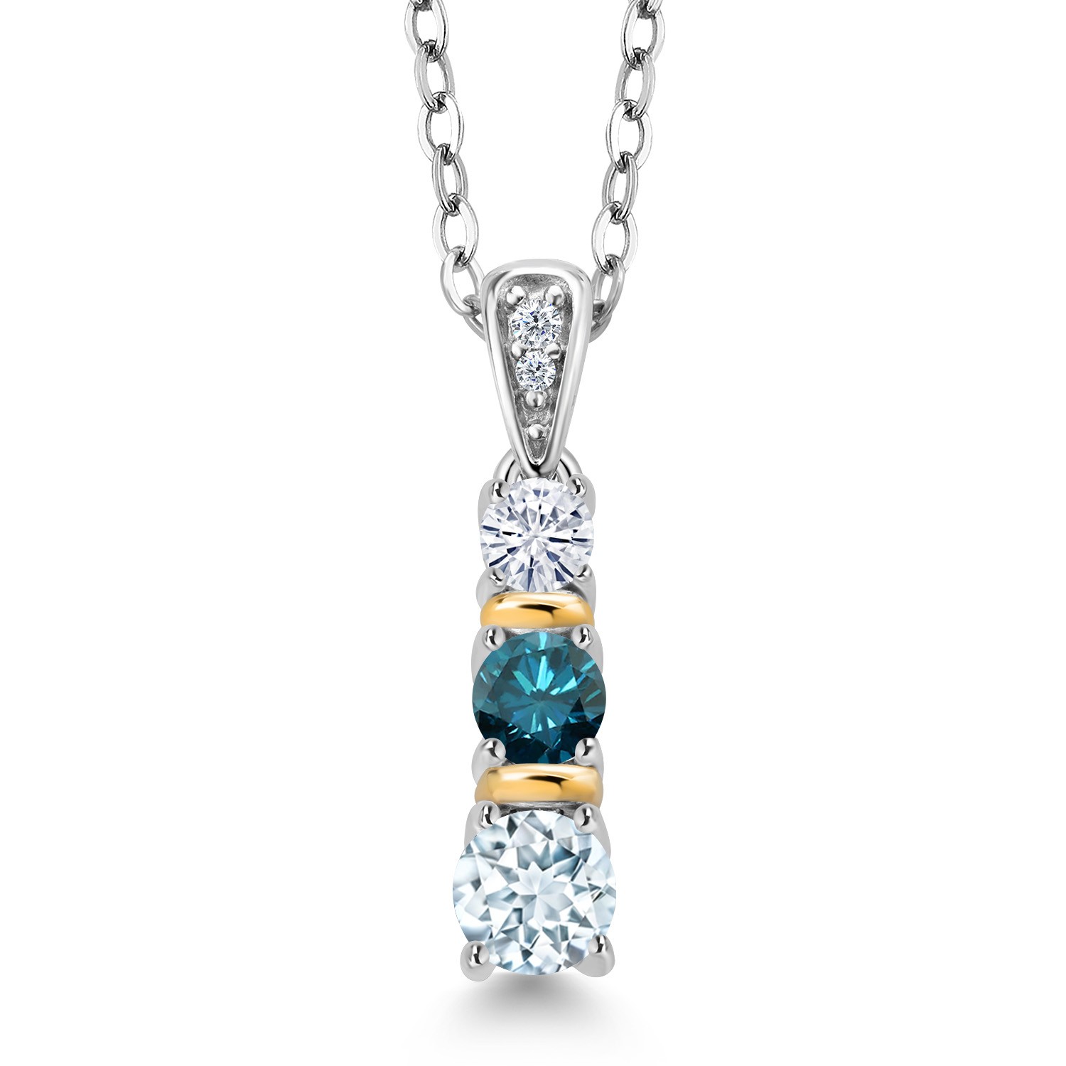 925 Silver and 10K Yellow Gold Aquamarine Blue Diamond and White Moissanite