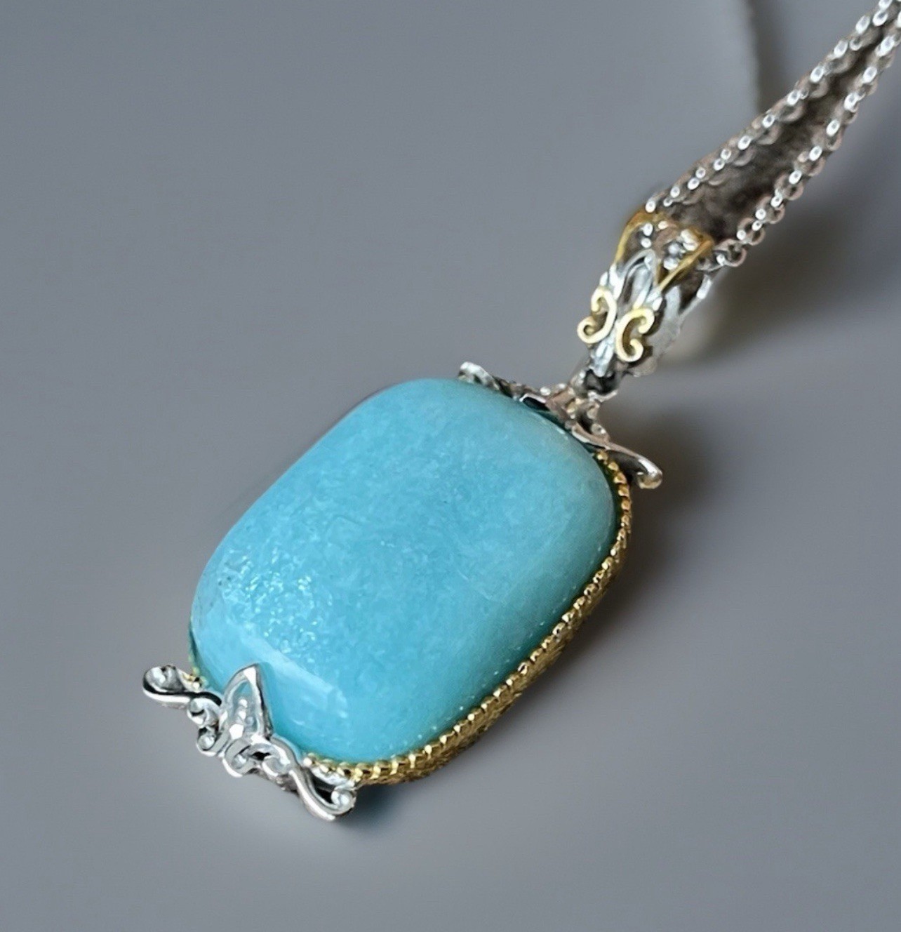 Peruvian Amazonite Cushion Cut Pendant W/Chain 925 Sterling Silver Jewelry