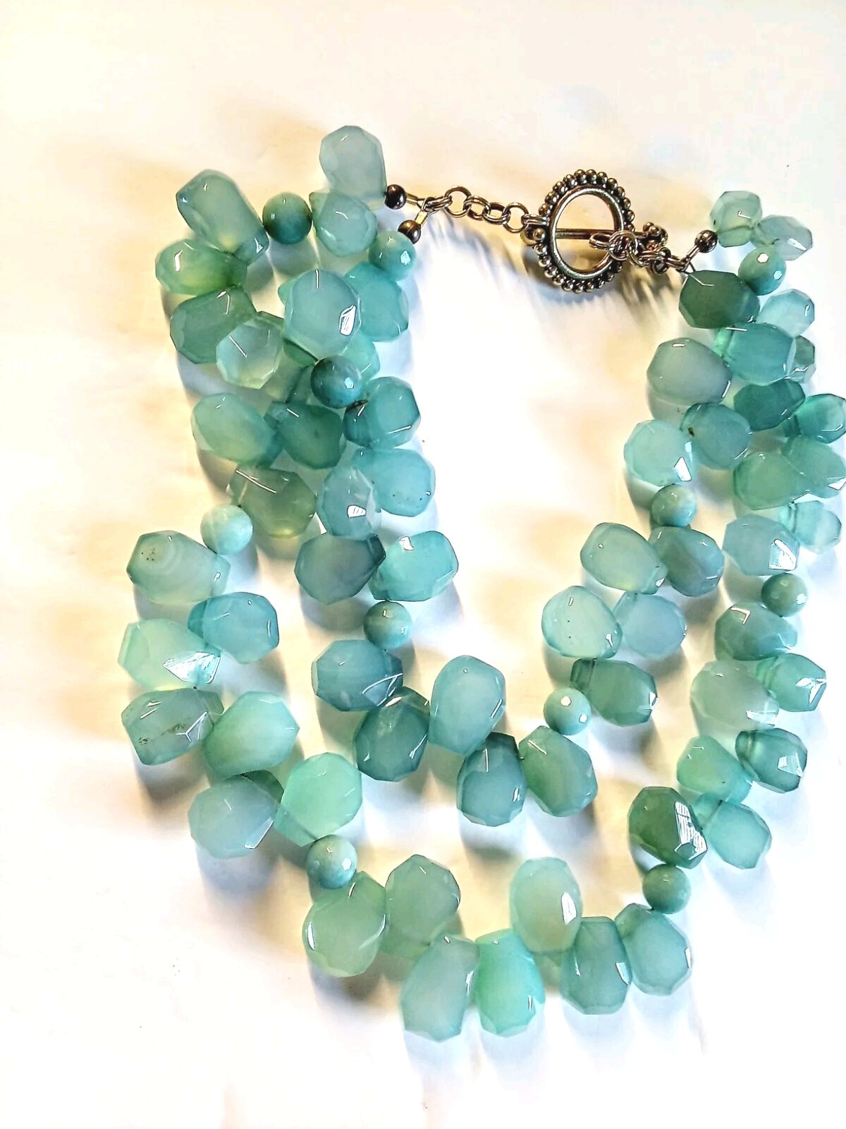 Green & Blue Chalcedony/Green Round Beads 2 Strand Toggle Necklace