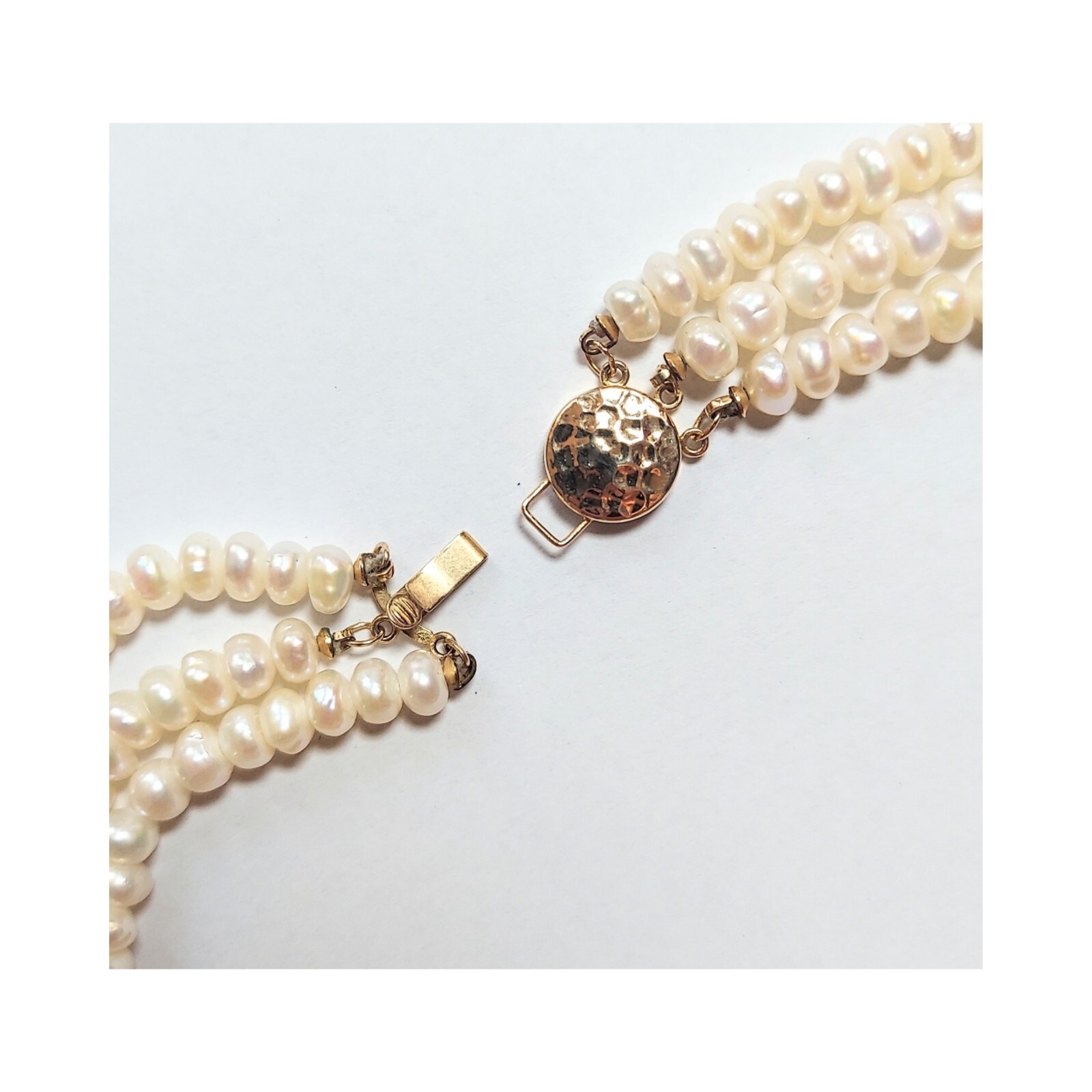 Triple Strand White 6mm Freshwater Pearl Necklace w 14kt Gold Round Box Clasp