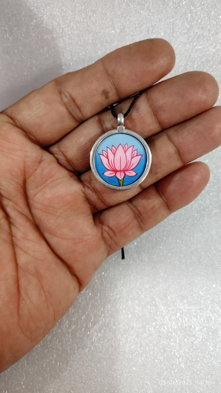 Handmade Miniature Painting Pink Colour Lotus Flower of Life Silver Pendant .