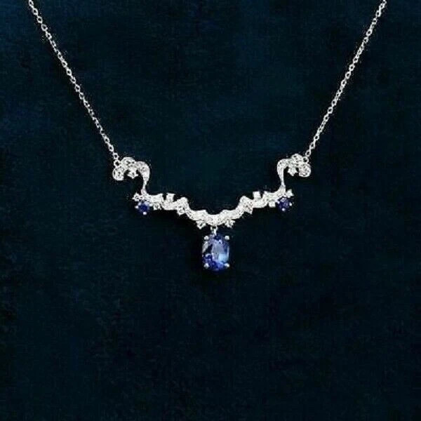 3Ct Oval Cut Sapphire/Diamond Tanmania Necklace 14K White Gold Finish Free Chain